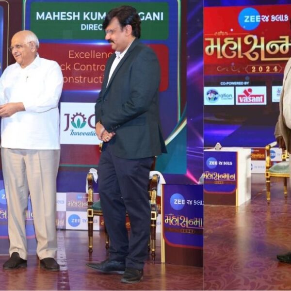 Mahesh Kumar Jogani of Jogani Reinforcement proudly accepts a prestigious award presented by the Honorable Chief Minister of Gujarat, Shri Bhupendra Patel
