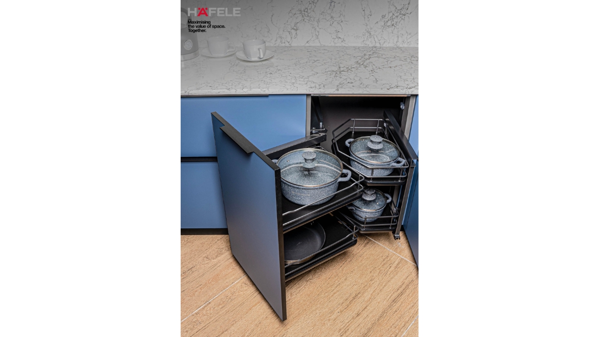 Hafele Astute Corner Storage Solution Maximises Kitchen Corner Spaces